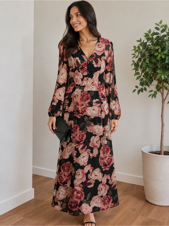 Suzy Shier Dresses & Skirts - Suzy Shier Floral V-Neck Long Sleeve Maxi Dress